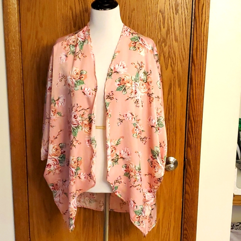 Haptics by Holly Harper Pink Floral Kimono Cover Up Slik Feel 1X